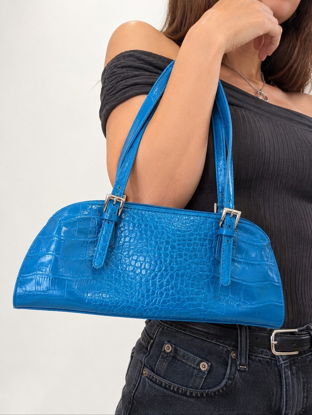 Vintage Bisou Bisou Y2K Turquoise Croc-Embossed Patent  Baguette Shoulder Bag